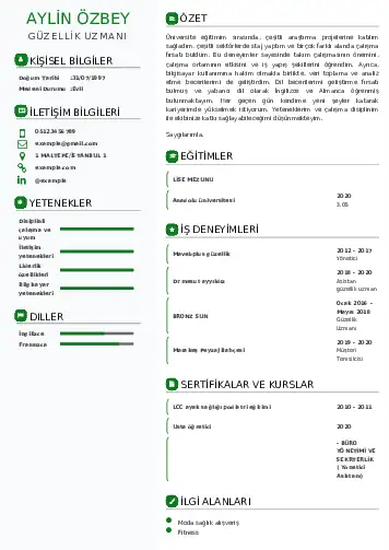 Güzellik Uzmanı Cv Örnekleri  cv indir